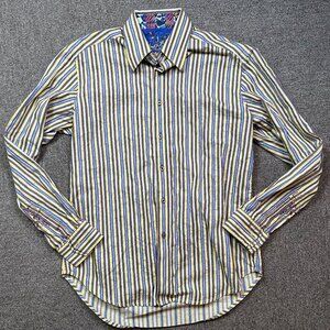 Robert Graham Yellow & Blue Striped Button Down Shirt Mens Size Medium